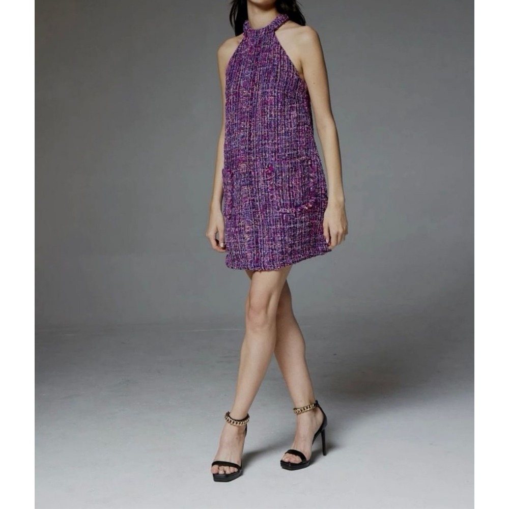 Zara Purple Tweed Halter‎ Mini Dress Sleeveless Party Cocktail Career Small